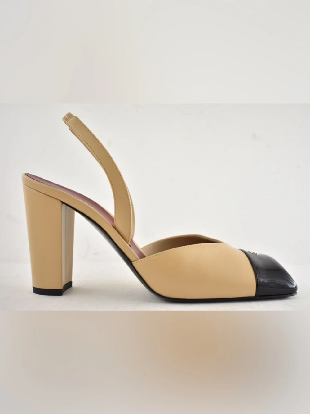 Chanel 26S Blazy Beige Black Square Toe Sling CC Slingback Block Heel Pump 40 - Picture 2 of 16